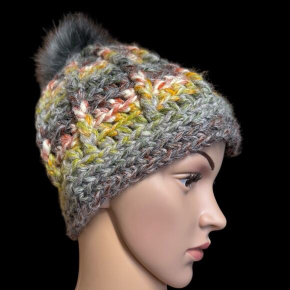 Crocheted by Colleen Handmade Beanie Multicolor Knit Hat Faux Fur Pompom Winter - Picture 2 of 8